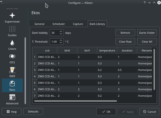 Ekos Dark frames library