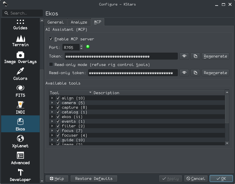 Ekos MCP options tab