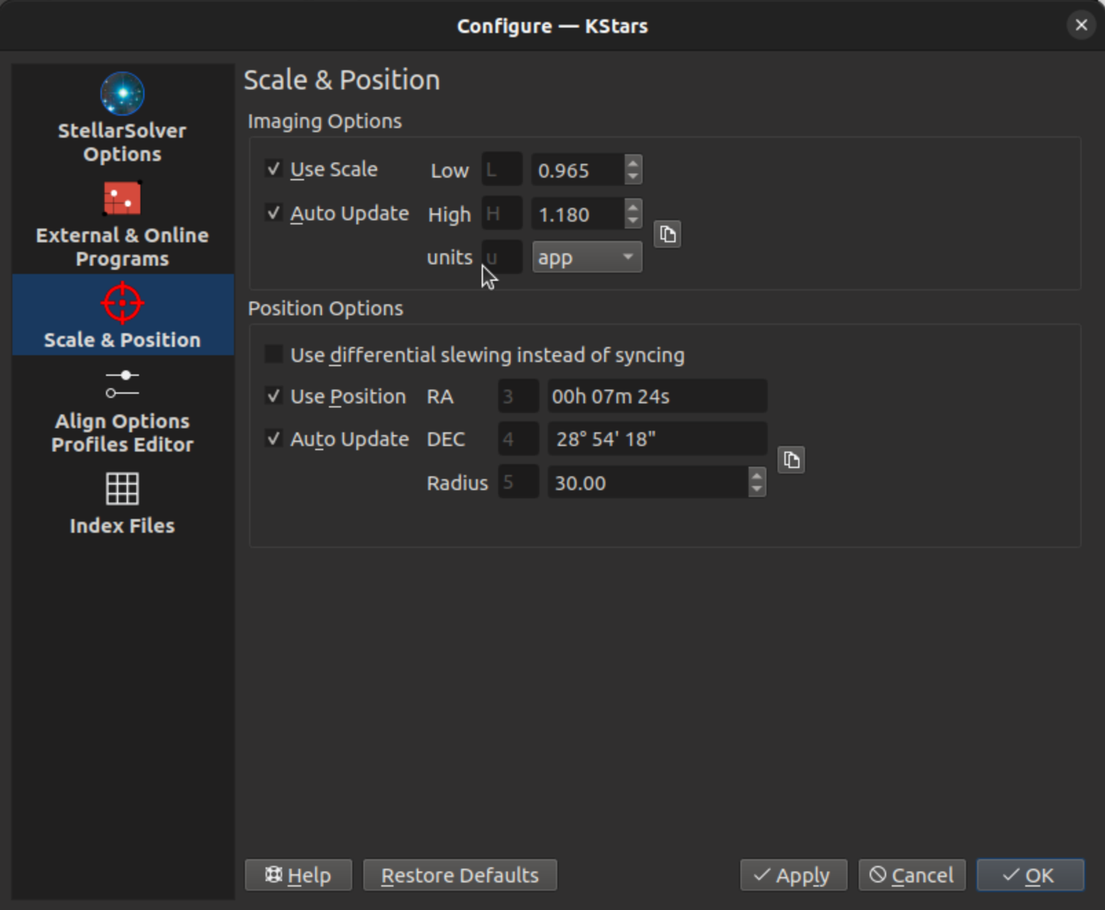 StellarSolver Scale and Position