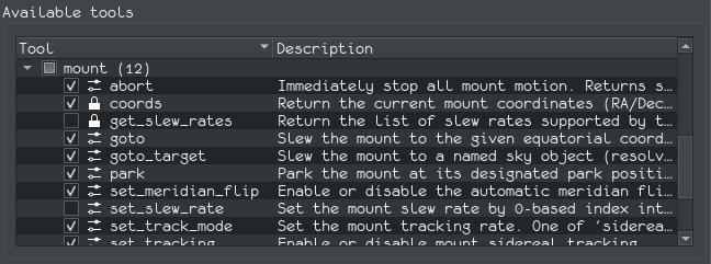 Available tools tree with per-tool checkboxes